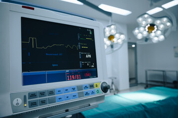 The Vital signs monitor in operating room in hospital. Vital signs monitor using for measure pulse oximetry, non-invasive blood pressure, temperature, EtCo2, respiration and more.