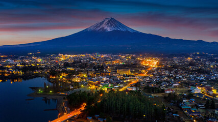 Fuji mountains and Fujikawaguchiko city at night, Japan.