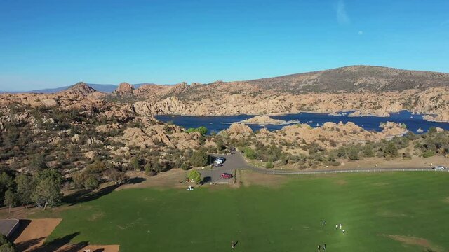 Aerial View of Watson Lake Recreational Area, Water Reservoir and Landscape, Arizona USA on Sunny Day, Drone Shot