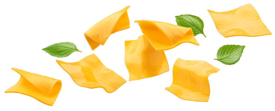 Square slices of processed cheese isolated on white background