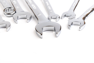 Wrench spanner tools on white background. Copy space for text