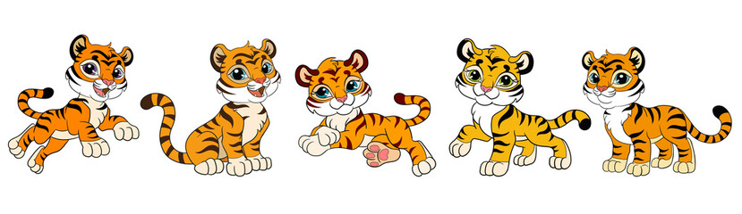 Fototapeta na wymiar Set of five cute cartoon tiger cubs vector illustration