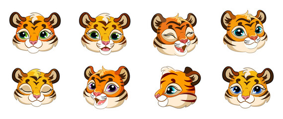 Set of cute cartoon tiger cubs heads vector