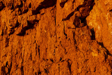 Geology. Desert landscape. Panorama view of the sandstone formation, the rocky cliffs, sand. Background or texture of sandy cliff on the coast, orange limestone