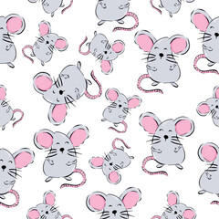 Cute cartoon mouse seamless pattern, vector illustration isolated on white background