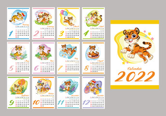 Fototapeta na wymiar 2022 Vertical calendar design with cute cartoon tigers vector
