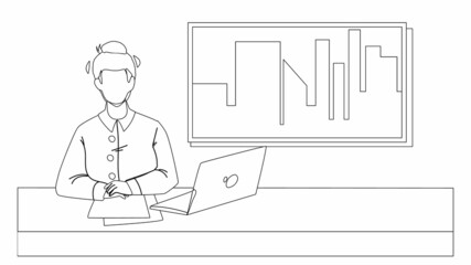 Tv News Presenter In Television Studio Black Line Pencil Drawing Vector. Newsreader Presenting Tv News, Laptop And Paper Lists On Table Workplace. Character Social Worker Broadcasting Illustration