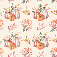 Watercolor red pumpkin and autumn rose,leaves on white background. Seamless pattern with watercolour spots