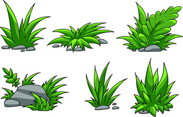 vector game assets, set of various grass in cartoon style, for mobile games, stickers