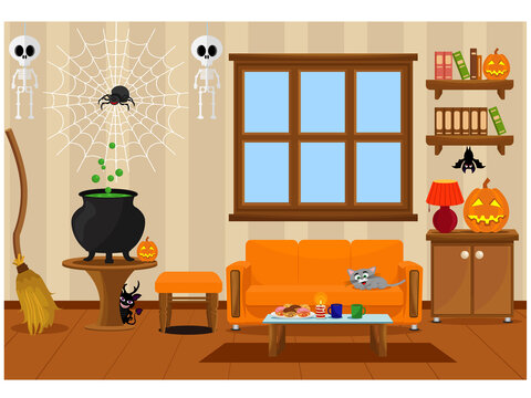 A room prepared for the celebration of Halloween with horror stories. Vector illustration on the theme of the interior.