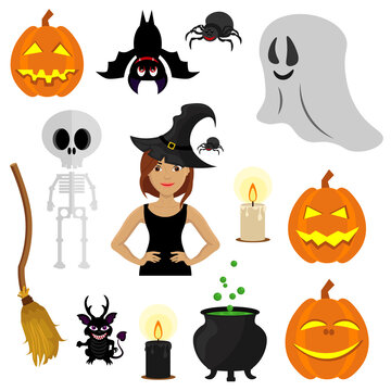 A large set for Halloween with a witch and festive attributes. Vector illustration on a white background.