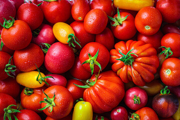 Fresh red and yellow tomatoes background.