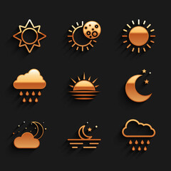 Set Sunset, Moon and stars, Cloud with rain, moon, and icon. Vector