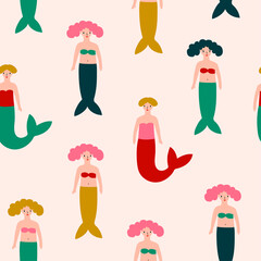 Cute hand-drawn seamless pattern with mermaids in minimalistic colorful style. Funny endless design for fabric, wrap paper or wallpaper.