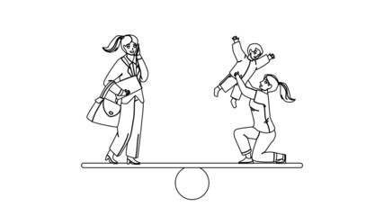 Woman Career And Family Life Time Balance Black Line Pencil Drawing Vector. Businesswoman Work And Mother Playing With Son Life Decision. Girl Profession Illustration