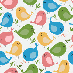 Seamless pattern with cute cartoon birds on white background. Flat vector illustration.