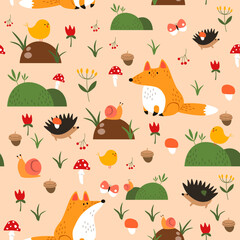 Seamless pattern with cute cartoon foxes, birds, hedgehogs and snails in forest. Vector illustration.