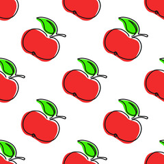 Seamless pattern with apples in minimal line style. Black linear art on white background with colorful spots. Fruit background for wallpaper, wallpaper, printing,  cover, textile, fabric, package, bac