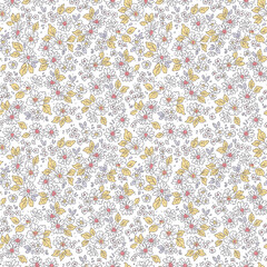 Beautiful floral pattern in small abstract flowers. Small white daisy. White background. Ditsy print. Floral seamless background. The elegant the template for fashion prints. Stock pattern.