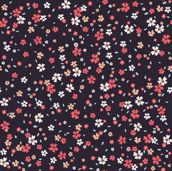 Fototapeta na wymiar Vintage floral background. Floral pattern with small red and white flowers on a purple background. Seamless pattern for design and fashion prints. Ditsy style. Stock vector illustration.