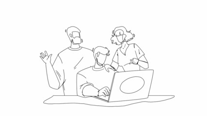 Working Together At Laptop Colleagues Team Black Line Pencil Drawing Vector. Young Men And Woman Working Together At Computer On Workplace. Discussing And Researching Togetherness, Illustration