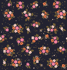 Fototapeta na wymiar Cute floral pattern. Seamless vector pattern. Elegant template for fashion prints. Small white, rose and orange flowers. Dark violet background. Summer and spring motifs. Stock vector.