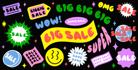 Sale offer banner. Discounts price tags, colorful cartoon style promo stickers, Acid graphic, all elements are isolated