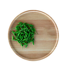Green hot chilli in a wooden tray on a white background