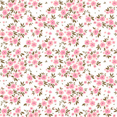 Beautiful floral pattern in small abstract flowers. Small rose pink flowers. White background. Ditsy print. Floral seamless background. The elegant the template for fashion prints. Stock pattern.