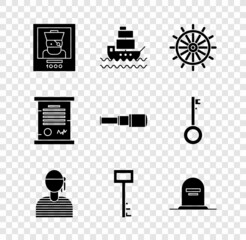 Set Wanted poster pirate, Ship, steering wheel, Sailor captain, Pirate key, Tombstone with RIP written, Decree, parchment, scroll and Spyglass telescope lens icon. Vector