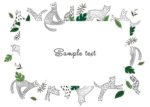Frames for a children's photo album, an invitation, a notebook or a postcard with cute cats and tropical leaves in a doodle style. Cat lovers need it. Cute frame, border, vector illustration. 