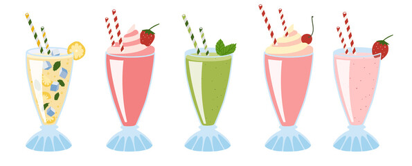 Milkshakes, lemonade, and green vegetable smoothies. Vector Illustration. Flat Style.
