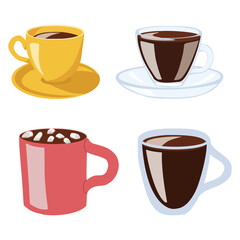 Coffee in different mugs. Vector Illustration.