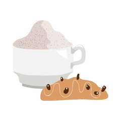 Cup of cappuccino with a large milk foam and cookies. Vector Illustration.