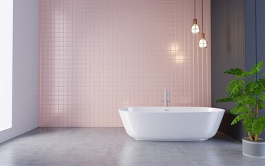 Interior bathroom pink wall tile with white bathtub. and empty space.3d rendering