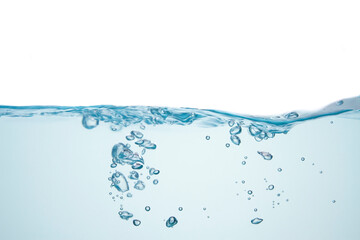 Air bubbles float from the middle of the water to the rippled surface. blue background