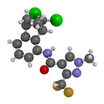 Benzovindiflupyr fungicide molecule. 3D rendering.