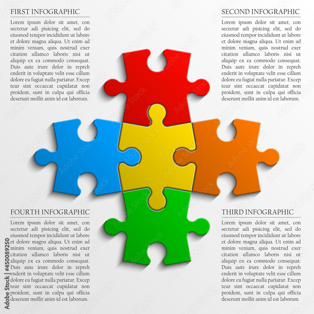 Poster four sided 3d puzzle presentation. abstract puzzle infographic template with explanatory text field 