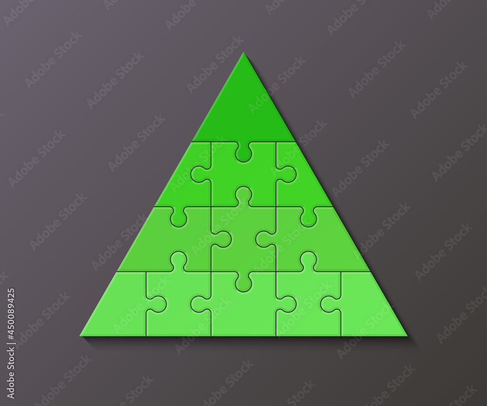 Poster Four levels color pyramid. Puzzle presentation infographic template with explanatory text field for business statistics illustration. Four stages triangle puzzle piece shape. puzzle infographic