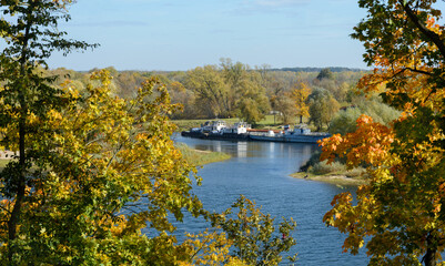 Gomel park. Old ships docked. View of the ships from the park. Autumn in the Gomel park. Belarus