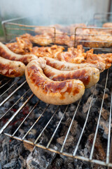 Grilled meat sausages, meat, food preparation.