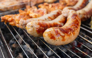 Grilled meat sausages, meat, food preparation.