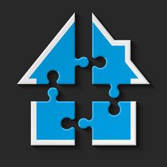 Puzzle house presentation. Home puzzles kit banner. Infographic template with explanatory text field for business statistics. puzzle building illustration. Four pieces home