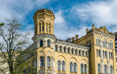 Fototapeta na wymiar Old dilapidated building in the neo-gothic style in downtown Kiev