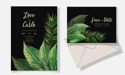 Elegant wedding invitation card with green tropical leaves watercolor