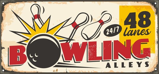 Bowling club retro sign board design template with bowling ball and pins.  Vintage 1950s comic style advertisement for bowling alleys and bar. Sports, games and recreation vector theme. - obrazy, fototapety, plakaty