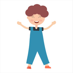 Fototapeta na wymiar A happy boy in a blue jumpsuit on a white background for use in clipart or web design