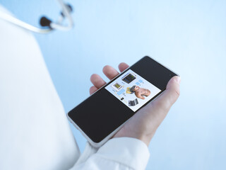 Doctor shows in the mobile phone app with a hologram of the person and the internal organs. photo and 3d render