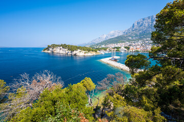 view on blue adriatic sea in Makarska and Biokovo mountain , Dalmatia region of Croatia