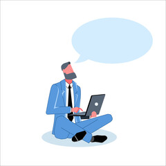 A businessman in a business suit with a laptop is sitting and thinking, he has a blank dialog box or bubble above his head. Template for inscriptions. Flat vector illustration.